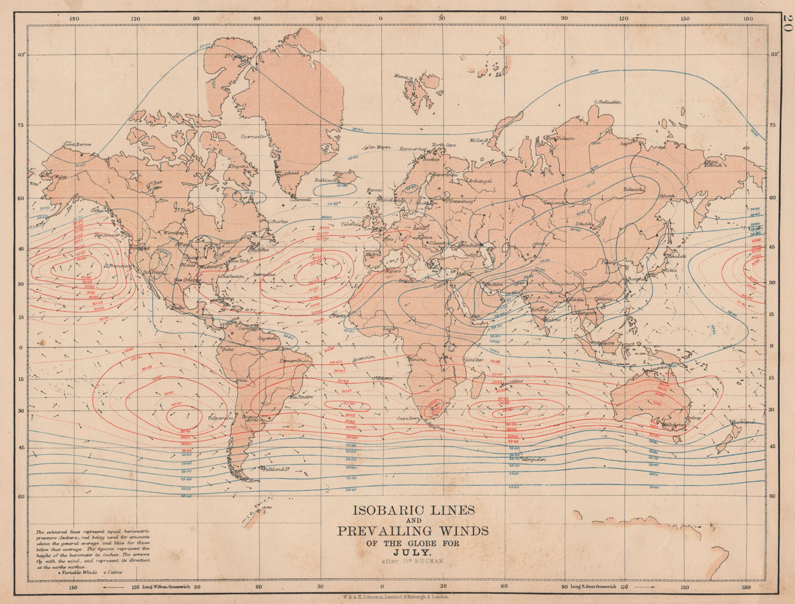 WORLD. Isobaric lines & Prevailing Winds of the Globe. July. JOHNSTON 1906 map